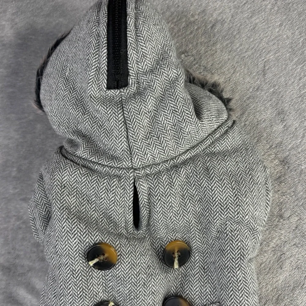 Herringbone Dog Coat Unisex Small Grey Faux Fur Hooded Fleece Lined